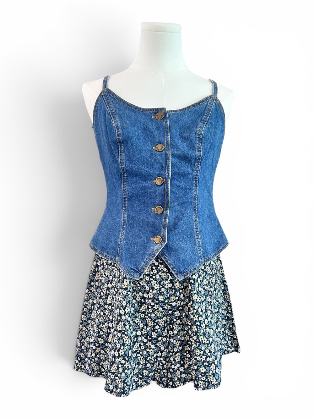Vintage Paris Blues Romper Denim & Floral Shorts Corset Style Top 90s Size 5